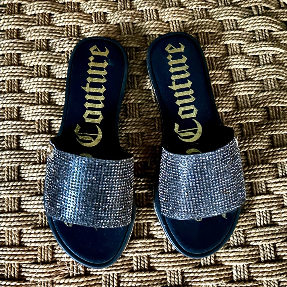 Juicy Couture Black, Silver Rhinestone Flat Slides, Size 6
